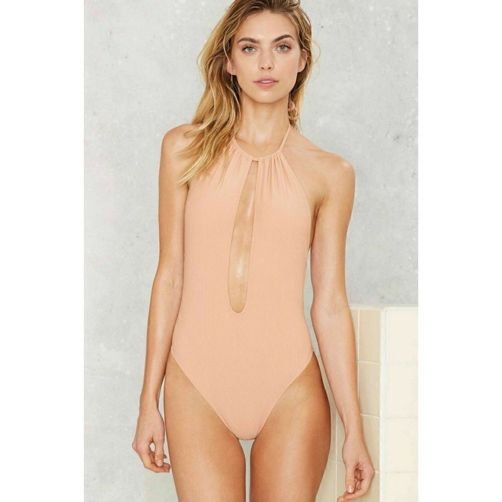 Nasty Gal Womens Nude Ribbed Bohemian Rhapsody Halter Swimsuit Size XS $78